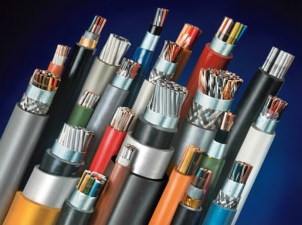 Industrial power cables and conductors showing cut ends with copper and aluminum cores, shielding, and colored jackets on a dark blue background